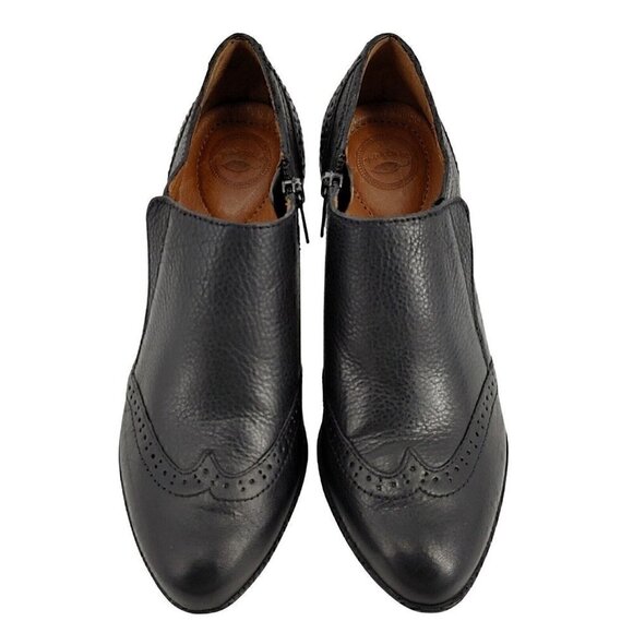 NURTURE Haddie Black Pebble Leather Wingtip Booties with Stacked Heel 6.5M - Picture 2 of 11